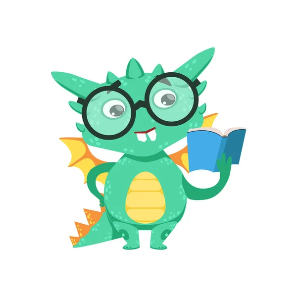 Little Anime Style Smart Bookworm Baby Dragon Leyendo un libro Personaje de dibujos animados Emoji Ilustración — Archivo Imágenes Vectoriales