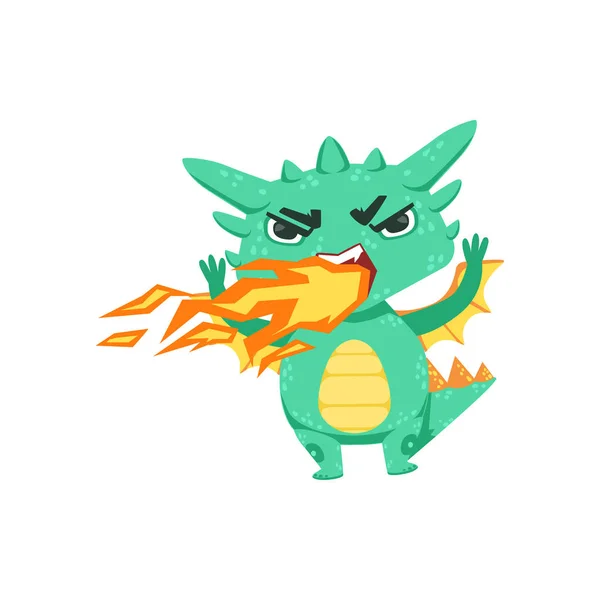 Little Anime Style Baby Dragon Pissed Off Breathing Fire Cartoon Character Emoji Illustration — Stock Vector