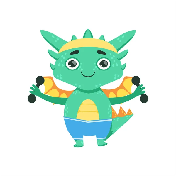 Lite Anime stil Baby Dragon tränar med hantlar tecknad karaktär Emoji Illustration — Stock vektor