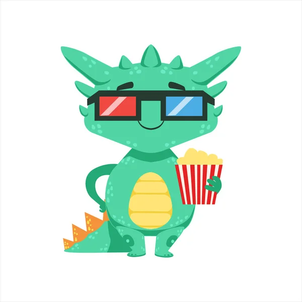 Piccolo drago del bambino di stile anime nel cinema in 3D occhiali personaggio cartone animato Emoji Illustrazione — Vettoriale Stock