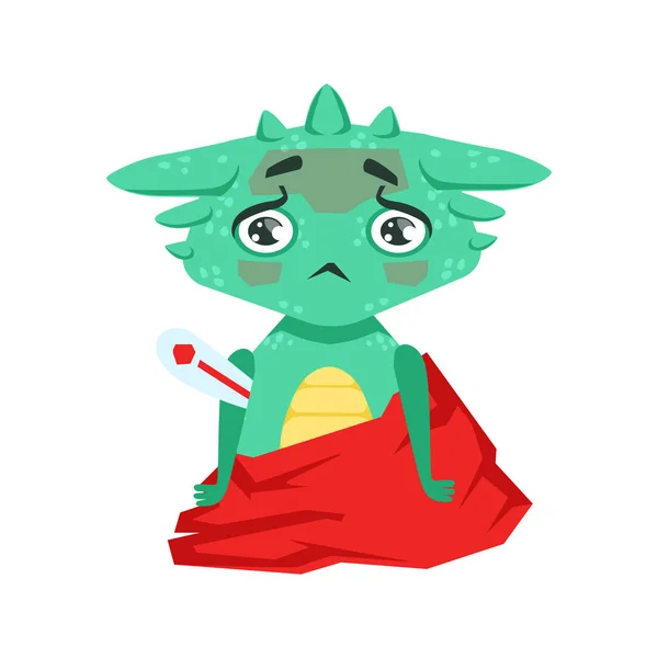 Pequeño animado estilo bebé dragón con fiebre sensación de enfermedad personaje de dibujos animados Emoji Ilustración — Vector de stock