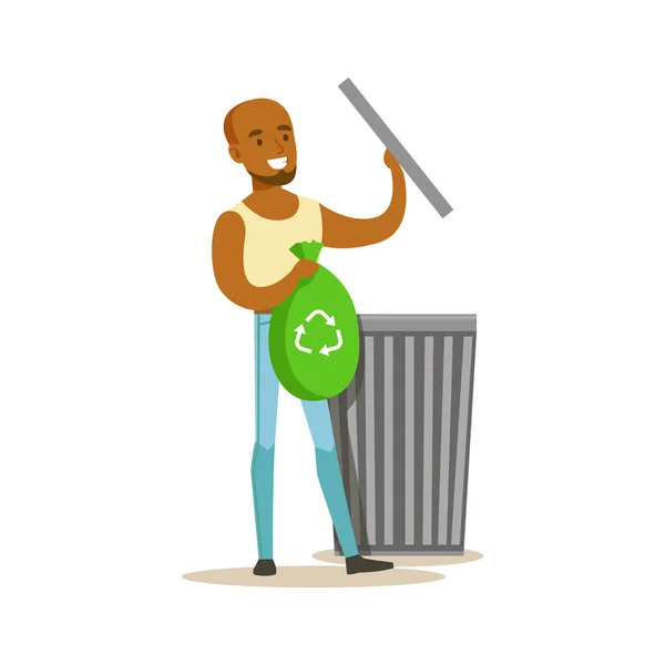 Uomo gettare rifiuti in sacchetto di riciclaggio, contribuendo alla conservazione dell'ambiente utilizzando modi ecologici Illustrazione . — Vettoriale Stock