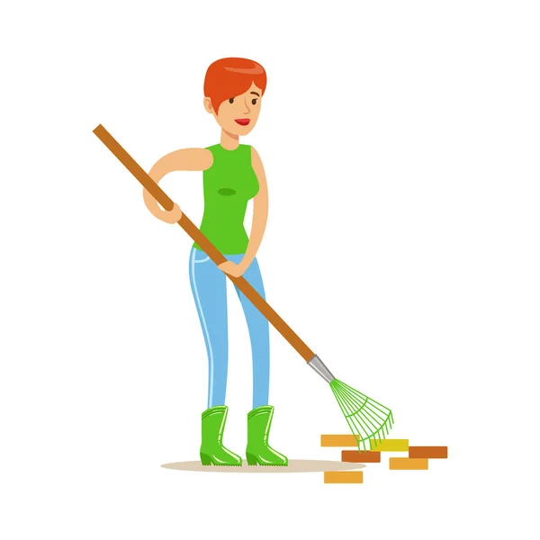 Woman Raking The Garbage During Clean Up, Contributing Into Environment Preservation by using Eco-Friendly Ways Illustration - Stok Vektor