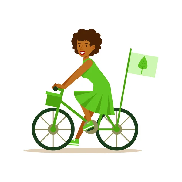Frau auf dem Fahrrad mit umweltfreundlichen Verkehrsmitteln, Beitrag zum Umweltschutz durch umweltfreundliche Methoden Illustration — Stockvektor