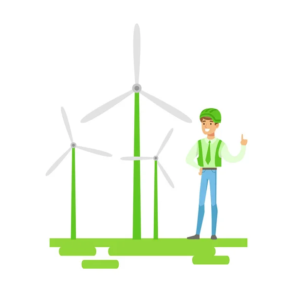 Man In Hard Hat in piedi accanto alle turbine eoliche, contribuendo alla conservazione dell'ambiente utilizzando modi ecologici Illustrazione — Vettoriale Stock