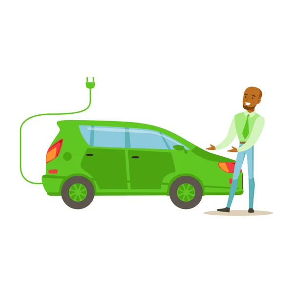 Man demonstreren groene elektrische auto, bij te dragen tot het behoud van het milieu met behulp van de Eco-vriendelijke manieren illustratie — Stockvector