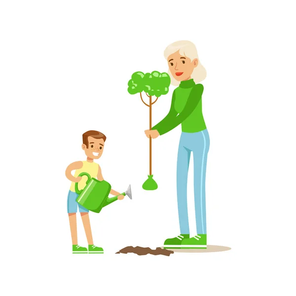 Mujer enseñando a un niño a plantar el árbol, contribuyendo a la preservación del medio ambiente mediante el uso de formas ecológicas Ilustración — Vector de stock