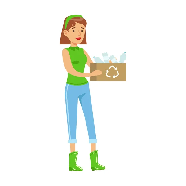 リサイクル可能なプラスチック廃棄物、環境に優しい方法の図を使用して、環境の保全に貢献することで箱を運ぶ女性 — ストックベクタ