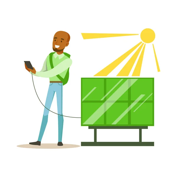 Man Charging His Smartphone From Solar Panel Battery , Contributing Into Environment Preservation By Using Eco-Friendly Ways Illustration — Stock Vector