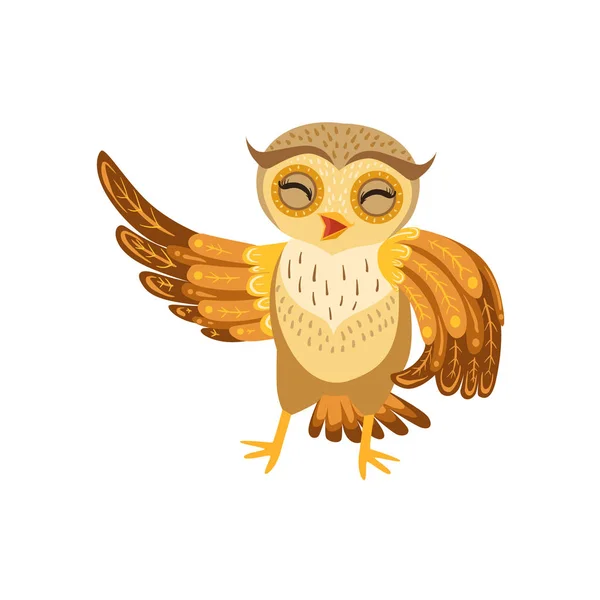Coruja rindo bonito personagem dos desenhos animados Emoji com pássaro da floresta mostrando emoções humanas e comportamento — Vetor de Stock