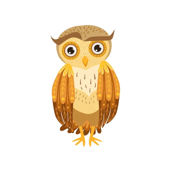 Skeptiker Owl gullig tecknad karaktär Emoji med skog fågel visar mänskliga känslor och beteende — Stock vektor