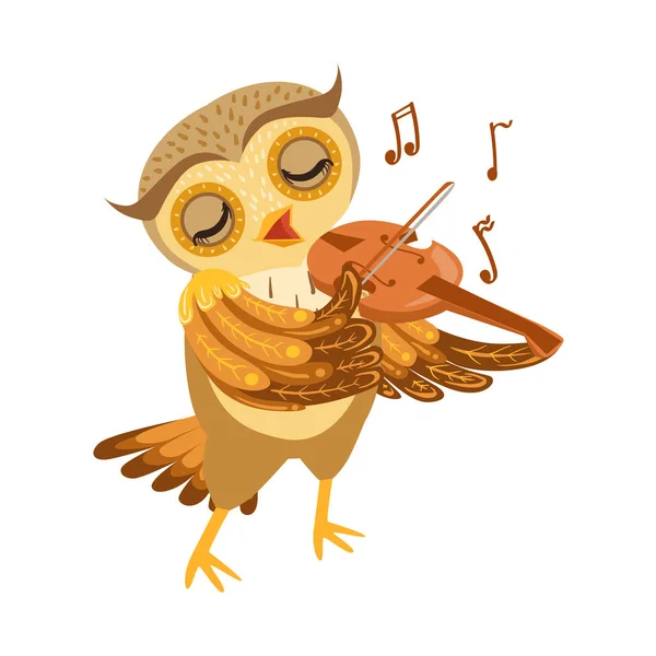 Coruja tocando violino bonito personagem de desenhos animados Emoji com pássaro da floresta mostrando emoções humanas e comportamento — Vetor de Stock