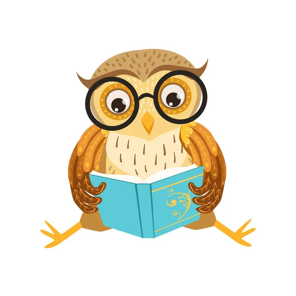 Uil lezen van het boek Cute Cartoon karakter Emoji met Forest vogel met menselijke emoties en gedrag — Stockvector