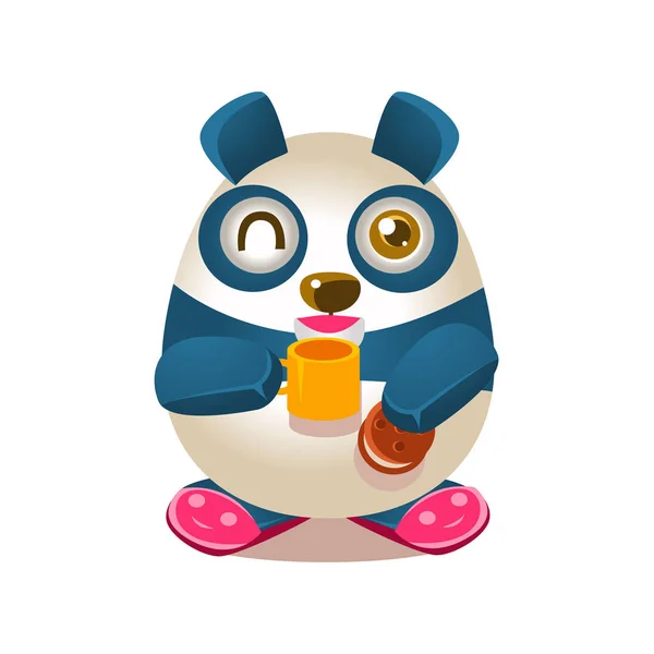 可爱的熊猫活动图与人性化的卡通熊人物喝茶和吃饼干在拖鞋 — 图库矢量图片