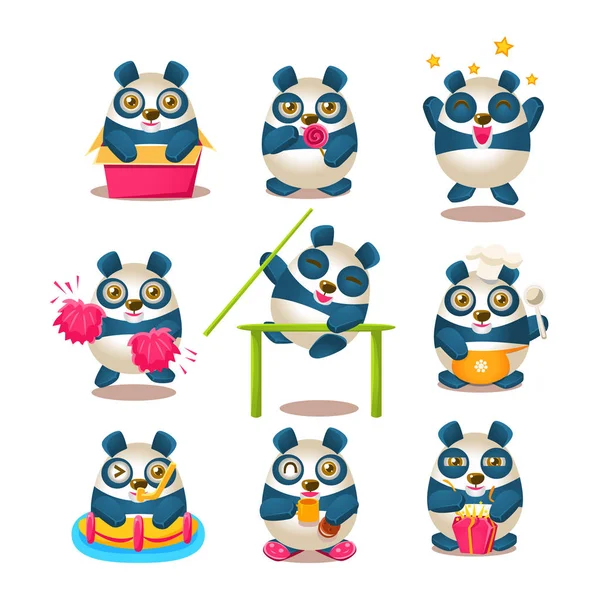 Coleção bonito Panda Emoji com personagem humanizado Panda dos desenhos animados fazendo coisas diferentes do dia-a-dia — Vetor de Stock