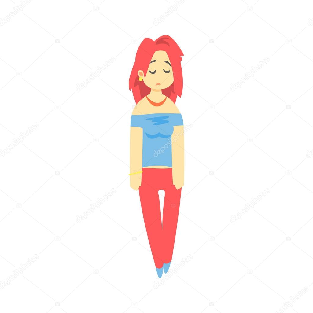 Sad Girl With Red Hair Walking Feeling Blue, Part Of Depressed Female Cartoon Characters Series