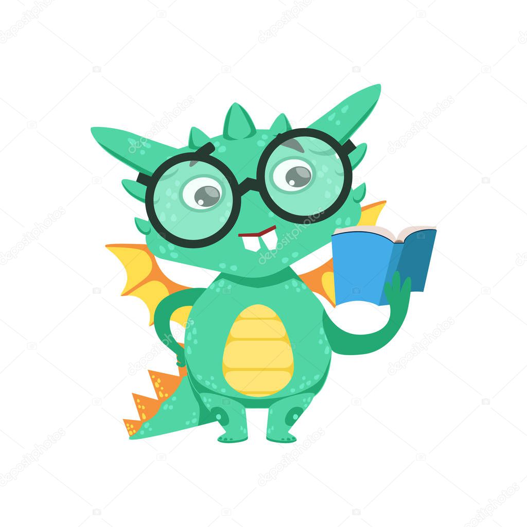 Little Anime Style Smart Bookworm Baby Dragon Reading A Book Cartoon Character Emoji Illustration
