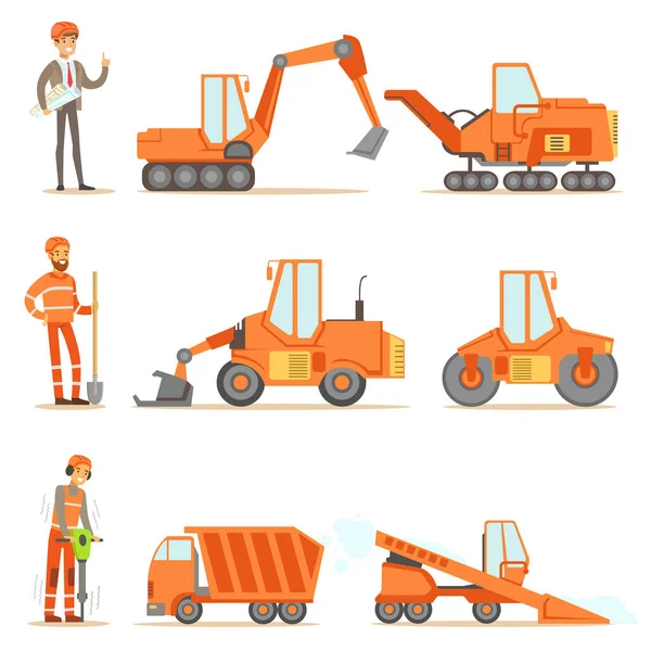 Усміхаючись дорожнього будівництва та ремонту працівників у рівномірної і важких вантажних автомобілів на будівельні сайту набір мультфільм ілюстрацій — стоковий вектор