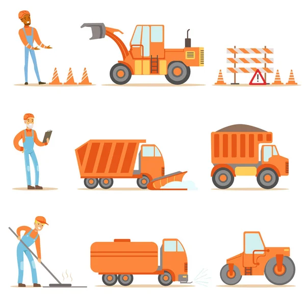 Happy Road Construction And Repair Workers In Uniform And Heavy Trucks At Construction Site Set Of Cartoon Illustrations — Stock Vector
