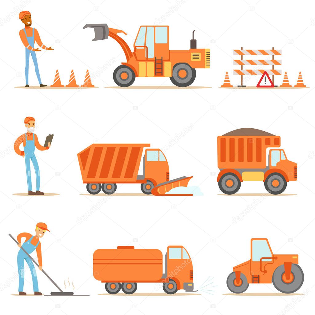 Happy Road Construction And Repair Workers In Uniform And Heavy Trucks At Construction Site Set Of Cartoon Illustrations