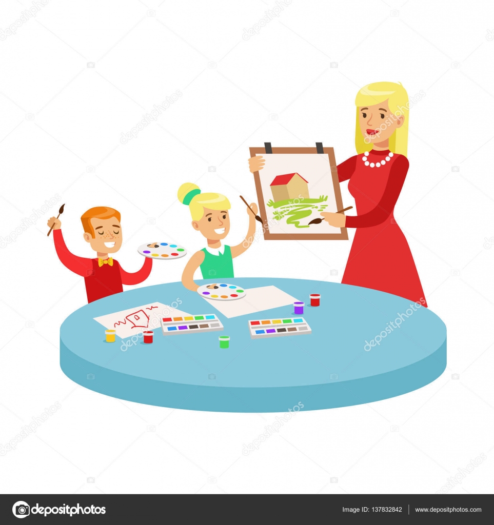 Cartoon Classroom Drawing Two Children In Art Class Drawing Cartoon Illustration With Elementary School Kids And Their Teacher In Creativity Lesson Stock Vector C Topvectors 137832842