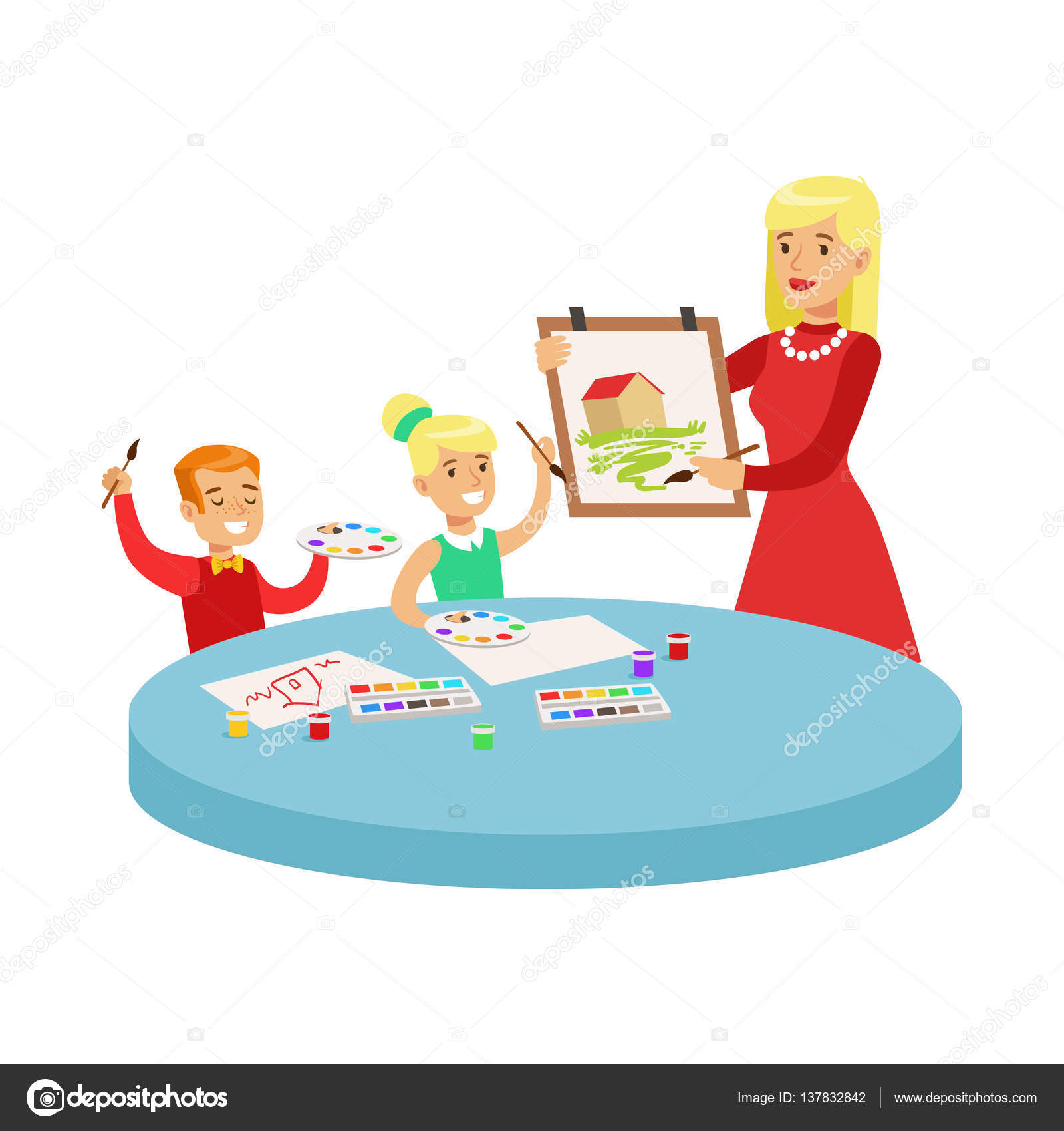 Cartoon Classroom Drawing Two Children In Art Class Drawing Cartoon Illustration With Elementary School Kids And Their Teacher In Creativity Lesson Stock Vector C Topvectors 137832842