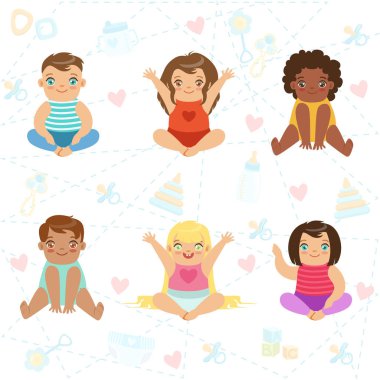 Adorable Big-Eyed Babies Sitting And Smiling, Set Of Cartoon Happy Infant Characters clipart