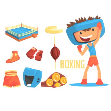Erkek Boxer, çocuklar hayalimdeki meslek nesneleri için profesyonel boks sportif kariyer illüstrasyon ile ilgili