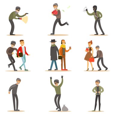 Burglars, Pickpockets And Thieves Set Of Smiling Criminals At The Crime Scene Stealing Vector Illustrations clipart