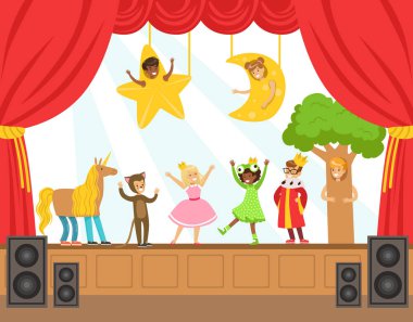 Performans Talent sahneye masal çocuk aktörlerin yetenekli Schoolkids tiyatro performansı ile renkli vektör çizim göster