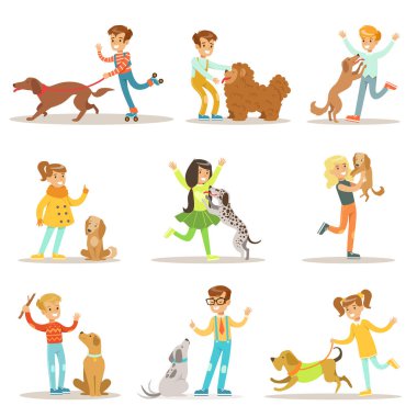 Çocuklar ve köpekler illüstrasyonlar oynayan ve evcil hayvanların bakımıyla çocuklarla ayarla