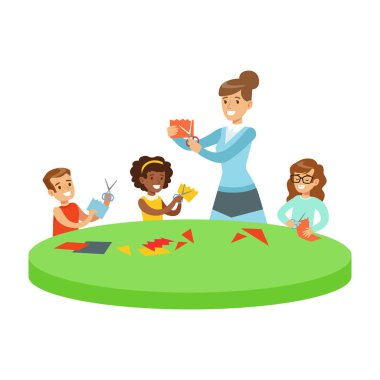 Aplike işçiliği resim dersinde üç çocuk yaratıcılık derste İlköğretim Okulu çocuklar ve öğretmenleri ile illüstrasyon karikatür