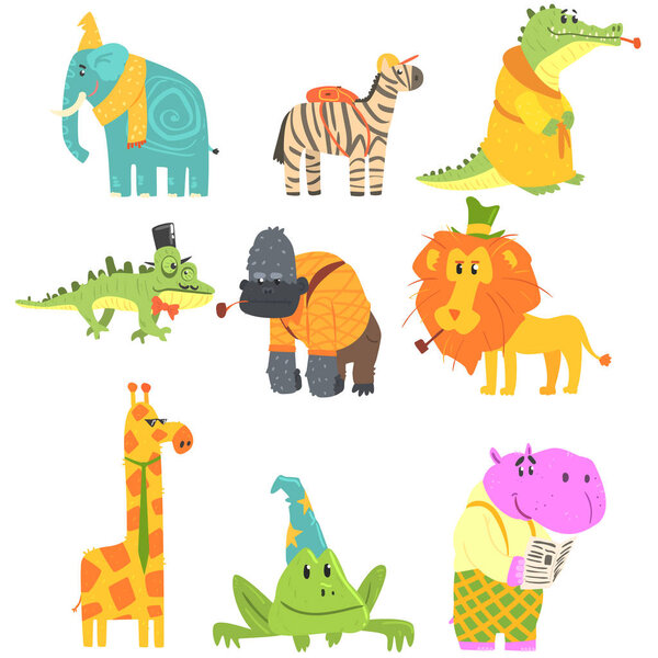 African Animals With Human Attributes And Clothing Set Of Comic Cartoon Characters