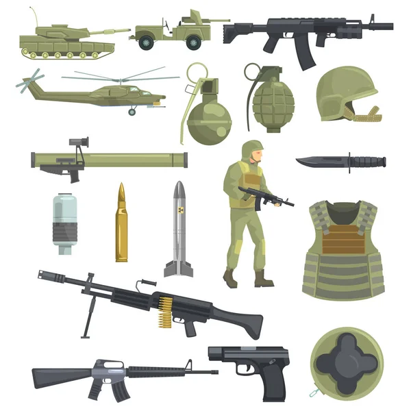 Professional Army Infantry Forces Weapons, Transportation And Soldier Equipment Set Of Realistic Objects In Khaki Color — Stock Vector