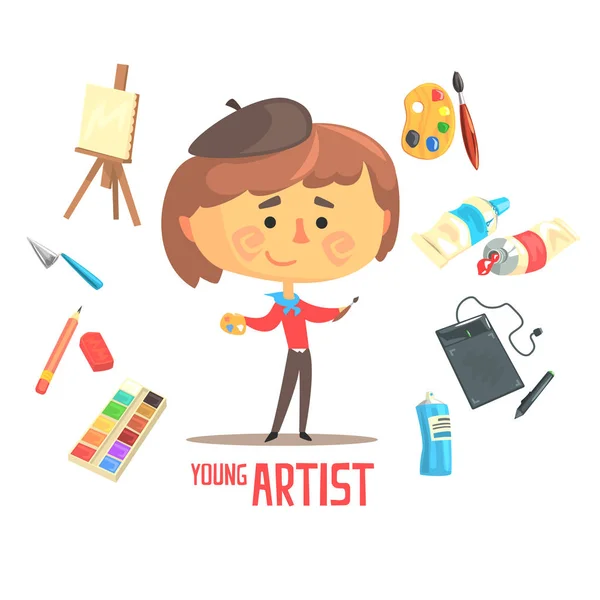 Artista Menino Pintor, Crianças Futuro Sonho Profissional Ocupação Ilustração Com Relacionado A Profissão Objetos — Vetor de Stock