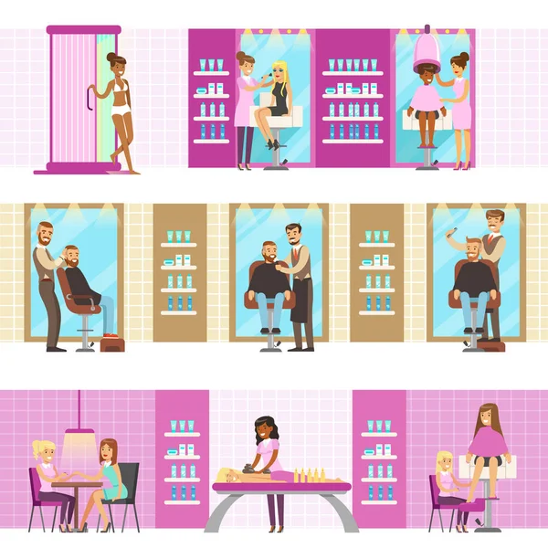 People In Beauty Salon Enjoying Hair And Skincare Treatments And Cosmetic Procedures With Professional Cosmetologists — Stock Vector