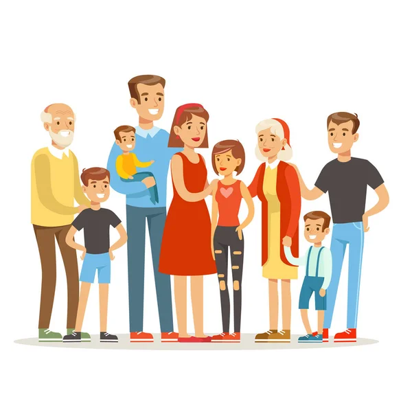 Feliz gran familia caucásica con muchos niños retrato con todos los niños y bebés y padres cansados ilustración colorida — Archivo Imágenes Vectoriales