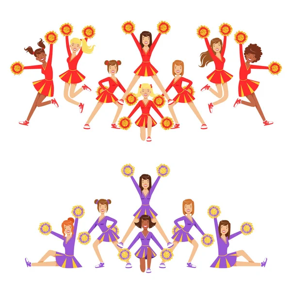 Beroep van de Middelbare School Cheerleading Teams van meisjes Cheerleaders op laatste piramide staan poseren met Pompoms — Stockvector