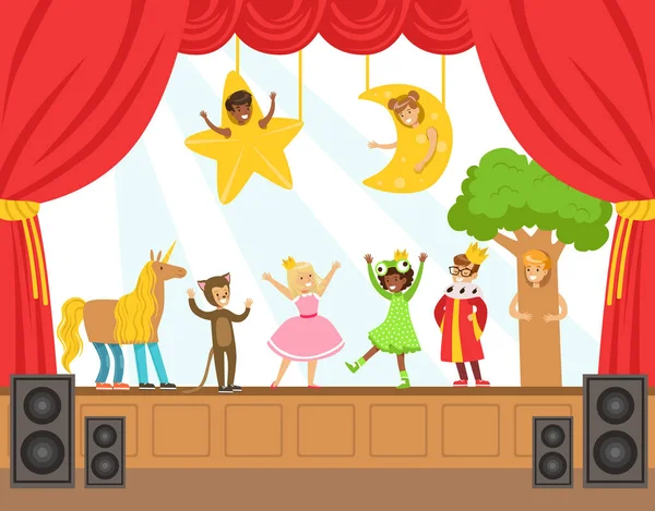 Performans Talent sahneye masal çocuk aktörlerin yetenekli Schoolkids tiyatro performansı ile renkli vektör çizim göster