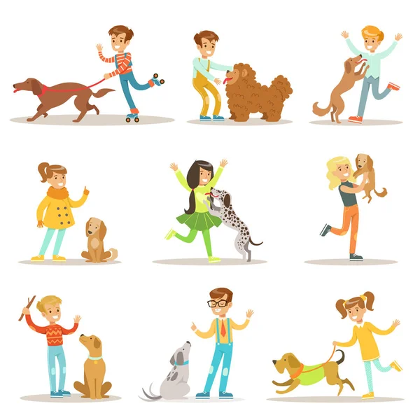 Children And Dogs Illustrations Set With Kids Playing And Taking Care Of Pet Animals — Stock Vector