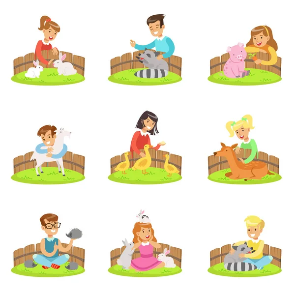 Children Petting The Small Animals In Petting Zoo Set Of Cartoon Illustrations With Kids Having Fun — Stock Vector