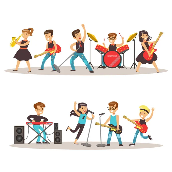 Kinderen muzikanten op het podium op Talent uitvoeren Toon kleurrijke vectorillustratie met getalenteerde schoolkinderen Concert — Stockvector
