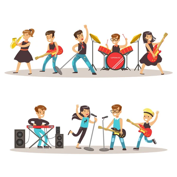 Niños músicos actuando en el escenario en el programa de talentos colorida ilustración vectorial con talentosos escolares concierto — Vector de stock