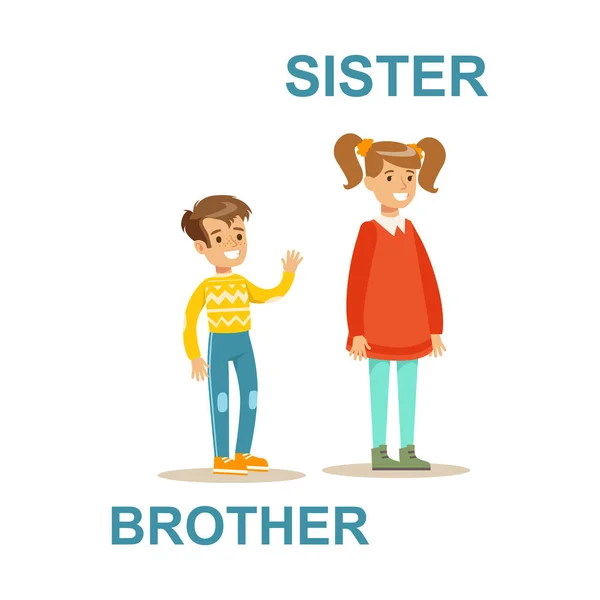 Młodszy brat i starszych Rodzina siostra, szczęśliwy mając dobry czas razem ilustracja — Wektor stockowy