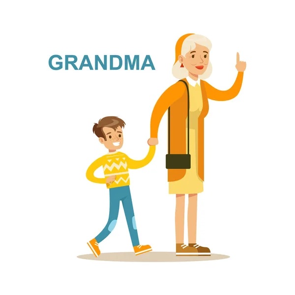 おばあちゃんの孫で、一緒に良い時間を過ごして幸せな家族図を歩く — ストックベクタ