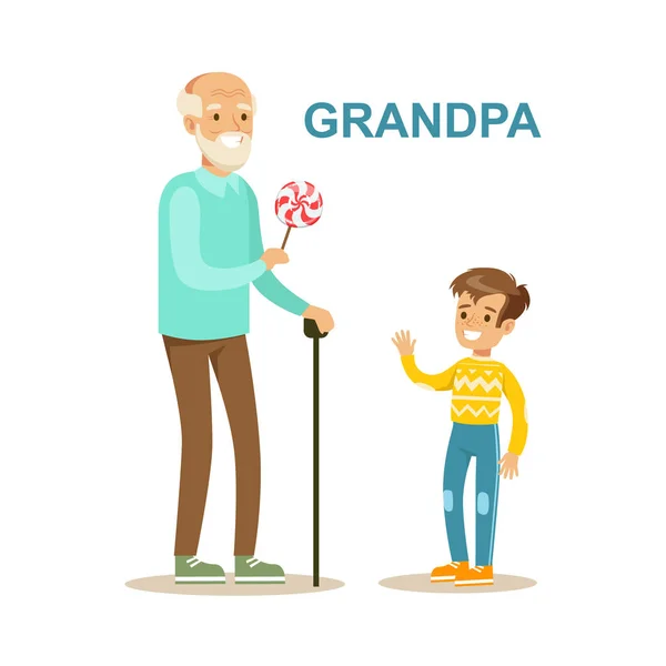 Nonno giving caramella a nipote, felice famiglia having buono tempo insieme illustrazione — Vettoriale Stock