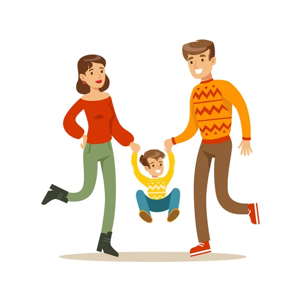 Eltern halten Händchen mit Kind, glückliche Familie, die zusammen Spaß hat Illustration — Stockvektor