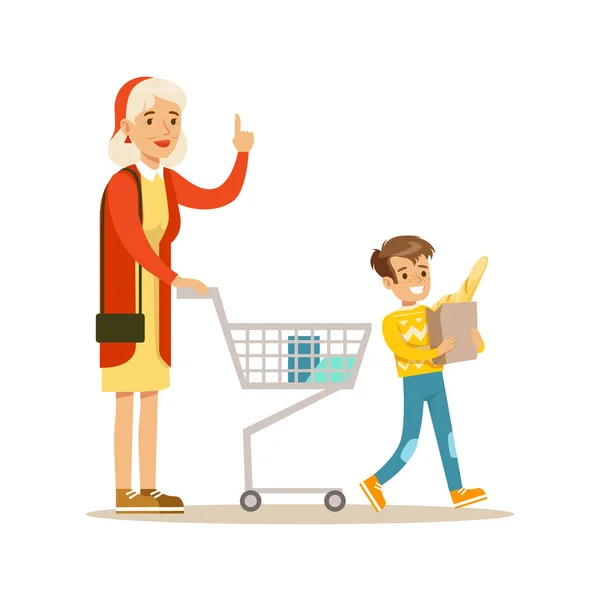 Abuela y nieto de compras, familia feliz pasar un buen rato juntos Ilustración — Archivo Imágenes Vectoriales