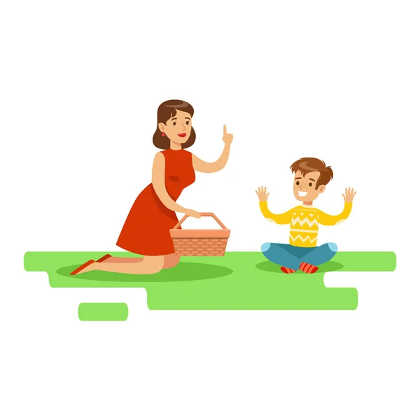 Anya és fia birtoklás piknik, boldog család jó ideje együtt illusztráció — Stock Vector
