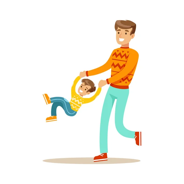 Papá balanceándose hijo sosteniendo sus manos, familia feliz pasando un buen rato juntos ilustración — Vector de stock